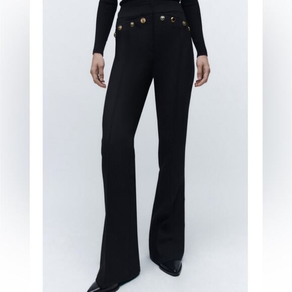 NWT Zara gold metal buttoned black flared pants - XS - Picture 2 of 3